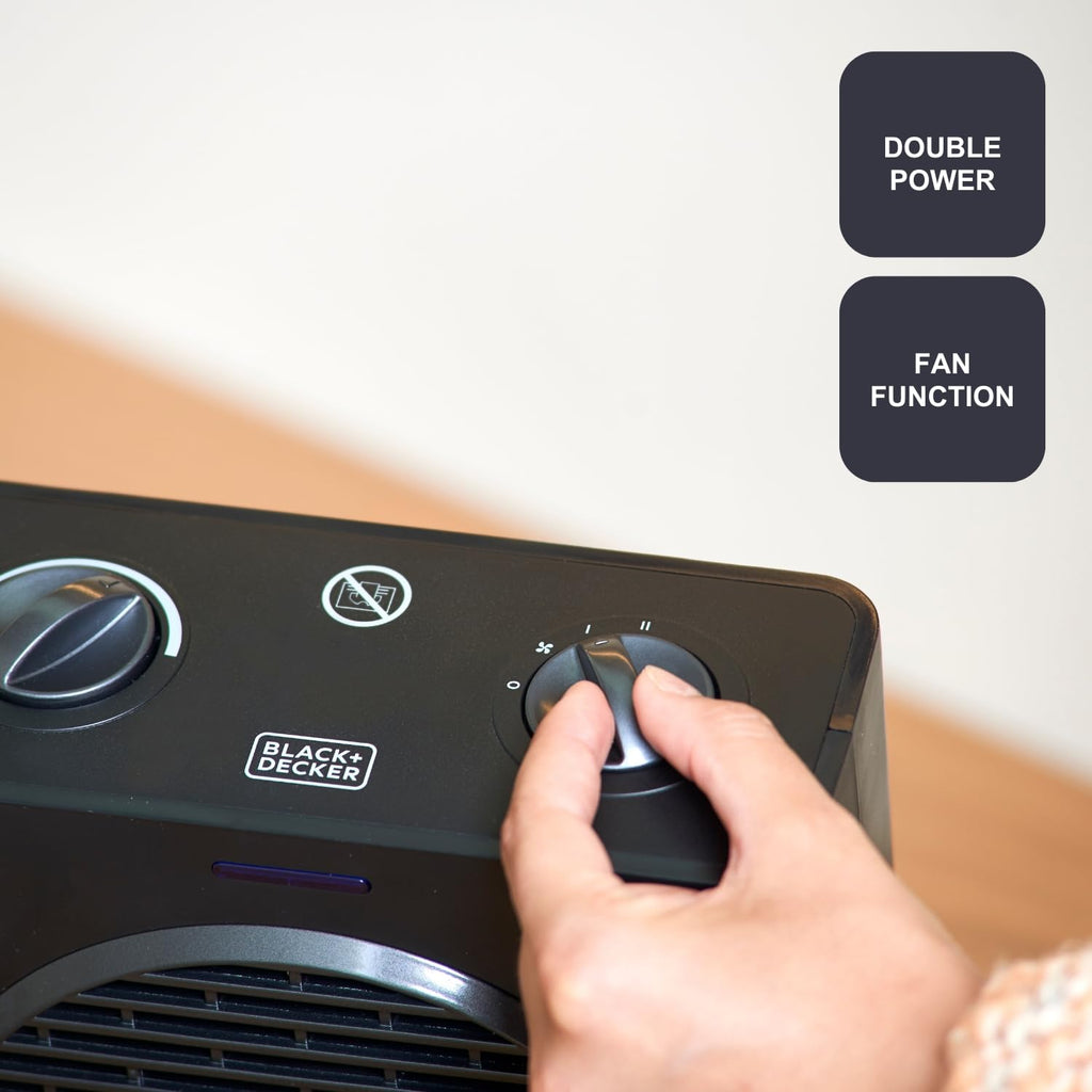 BLACK+DECKER BXSH2000E - Termoventilatore 2000W | 2 Livelli di Riscaldamento + Ventilatore | IP21 per Bagno | Termostato Regolabile | Anti-Surriscaldamento & Anti-Ribaltamento | Compatto con Maniglia