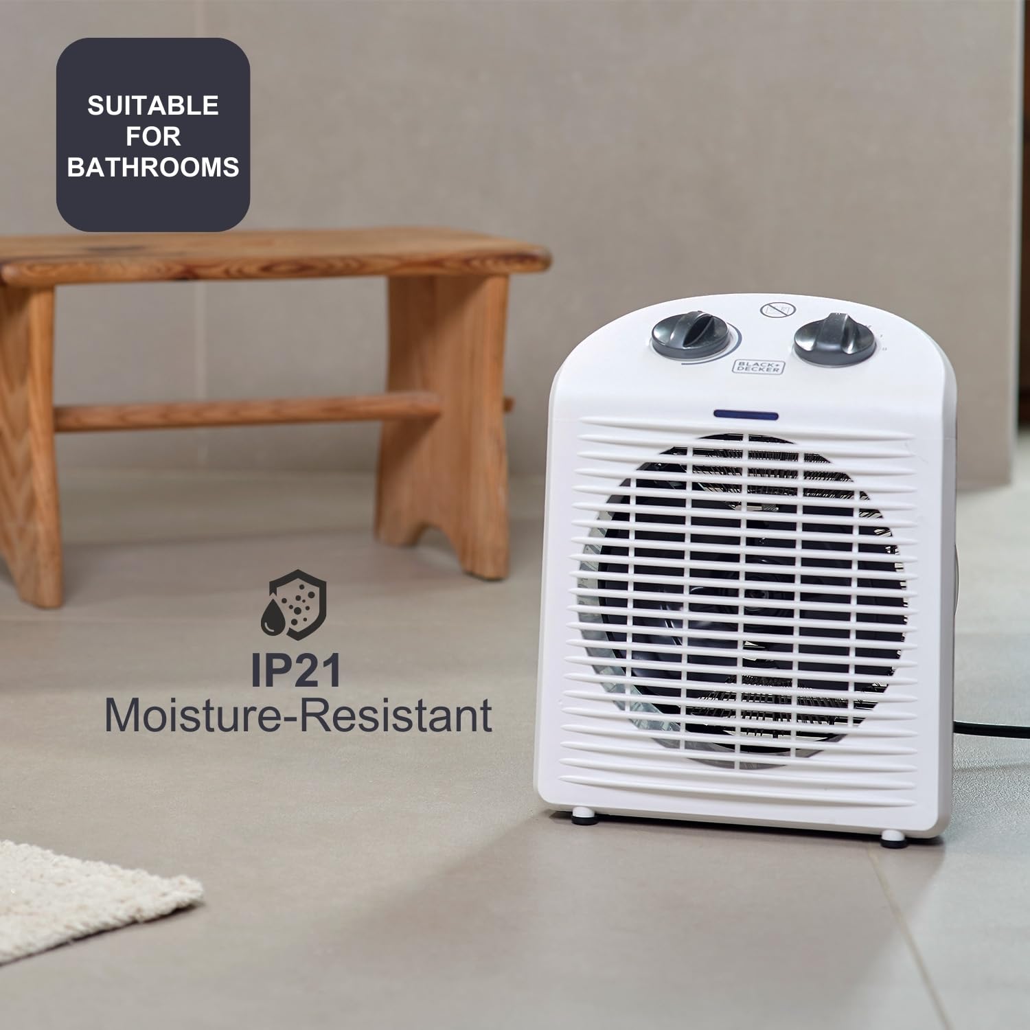 BLACK+DECKER BXSH2000E - Termoventilatore 2000W | 2 Livelli di Riscaldamento + Ventilatore | IP21 per Bagno | Termostato Regolabile | Anti-Surriscaldamento & Anti-Ribaltamento | Compatto con Maniglia