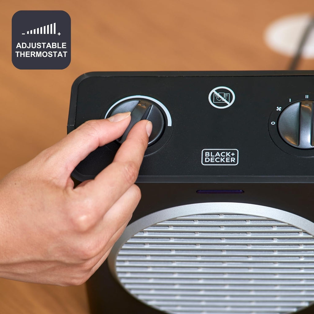 BLACK+DECKER BXSH2000E - Termoventilatore 2000W | 2 Livelli di Riscaldamento + Ventilatore | IP21 per Bagno | Termostato Regolabile | Anti-Surriscaldamento & Anti-Ribaltamento | Compatto con Maniglia