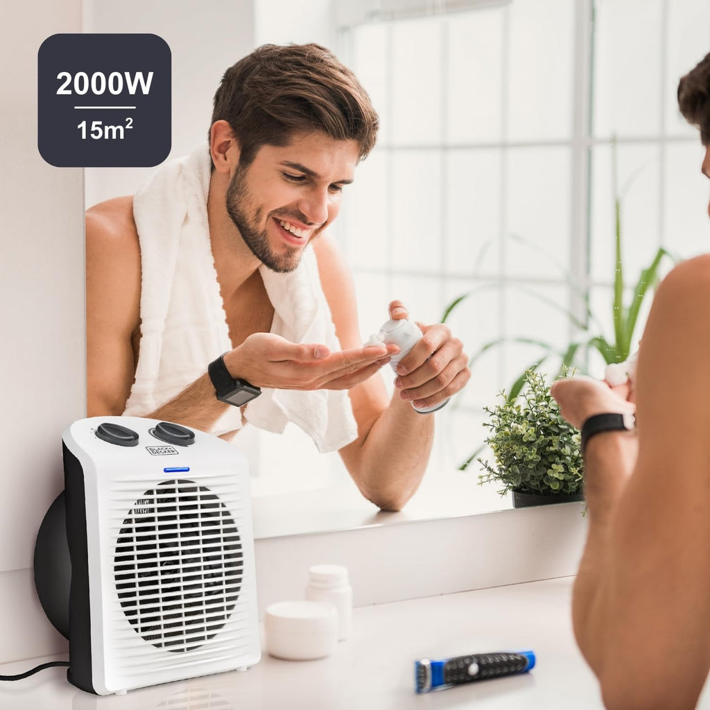 BLACK+DECKER BXSH2000E - Termoventilatore 2000W | 2 Livelli di Riscaldamento + Ventilatore | IP21 per Bagno | Termostato Regolabile | Anti-Surriscaldamento & Anti-Ribaltamento | Compatto con Maniglia