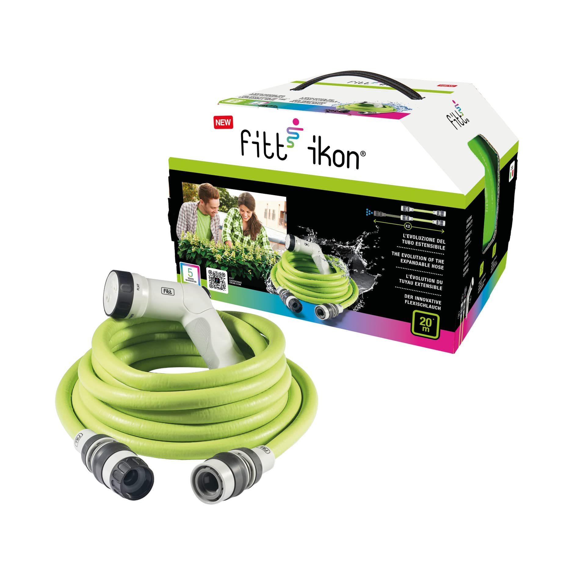 FITT IKON 15 m, Tubo Acqua da Giardino per Irrigazione, Estensibile, Compatto, Leggero e Pronto all'uso, con Pistola Multigetto, Lime