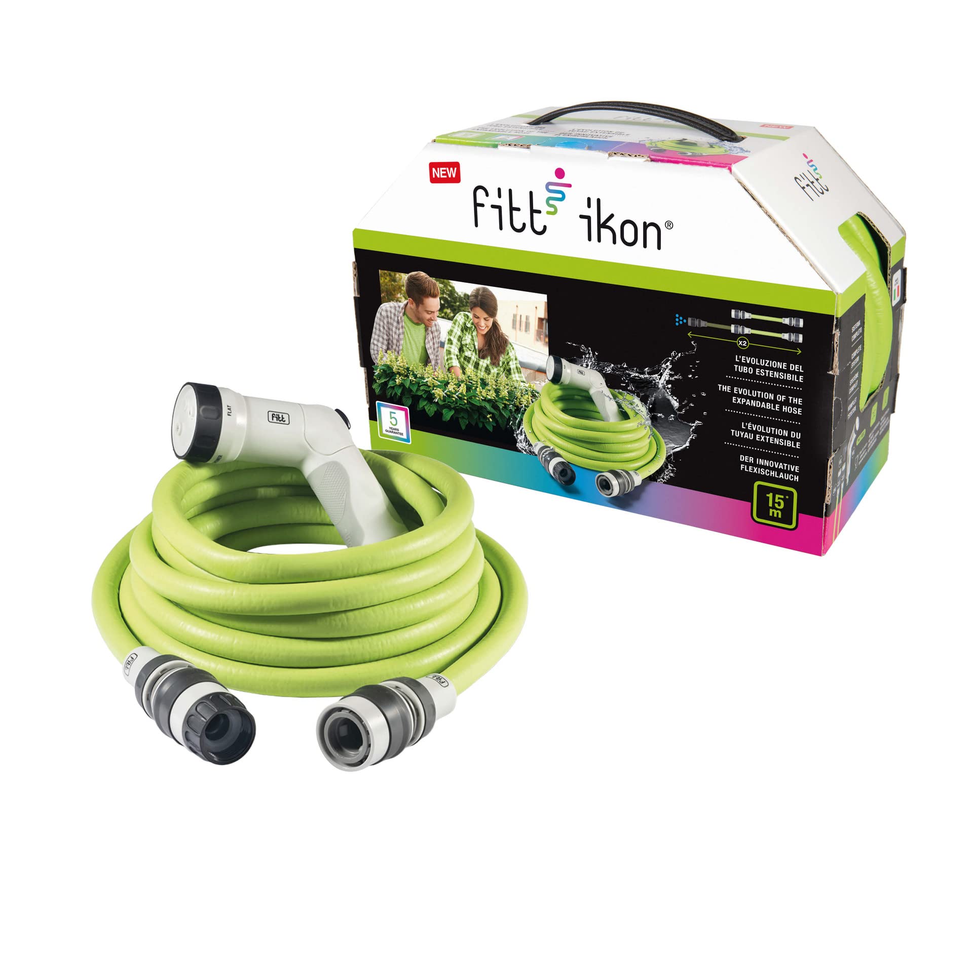 FITT IKON 15 m, Tubo Acqua da Giardino per Irrigazione, Estensibile, Compatto, Leggero e Pronto all'uso, con Pistola Multigetto, Lime