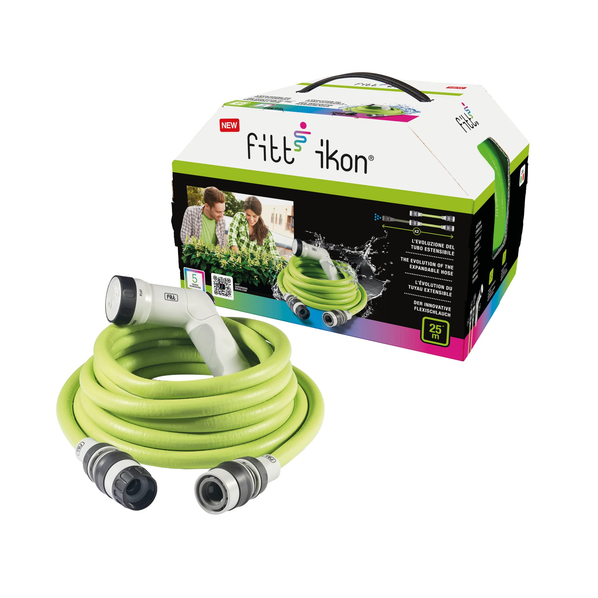 FITT IKON 15 m, Tubo Acqua da Giardino per Irrigazione, Estensibile, Compatto, Leggero e Pronto all'uso, con Pistola Multigetto, Lime